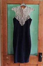 Ax Paris navy blue & white lace bodycon evening party dress 12 knee length