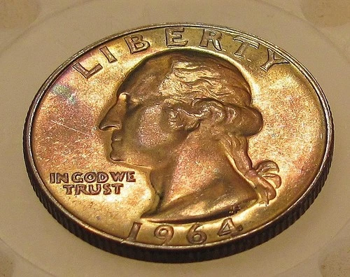 1964 D Gem Brilliant Uncirculated Quarter 90% Silver MONSTER TONING  #125 ~ 9