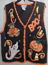 Women's Vintage Basic Editions Black/Orange Embellished Beaded Halloween Vest