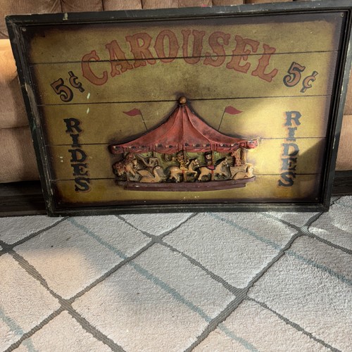Vintage Antique Hand CarvedWood Carousel -Rides 5 CentsSign 23.5”X23.5 ...