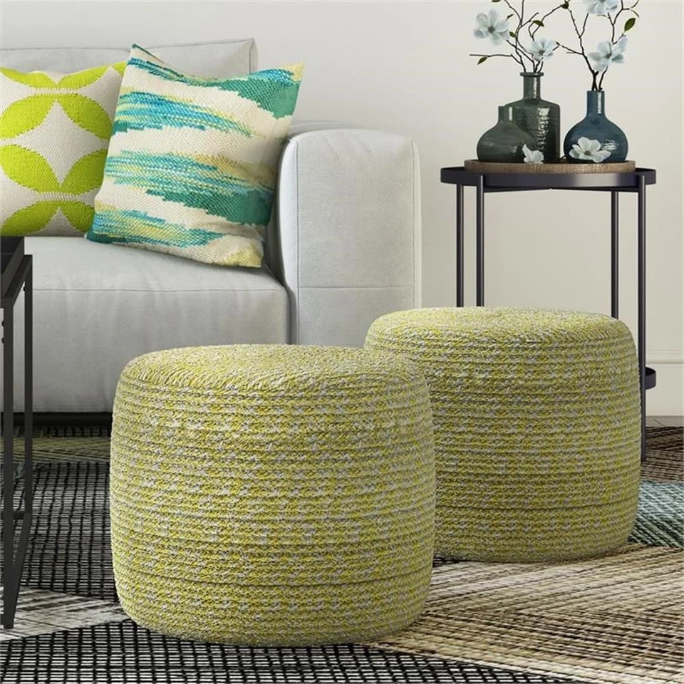 Bayley Transitional Round Braided Pouf in Muted Yellow and Natural Cotton - Image 2 of 4