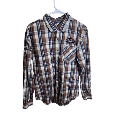 Harley-Davidson Mens Plaid Button Down Shirt Brown Blue Kick Ass Iron Patch M
