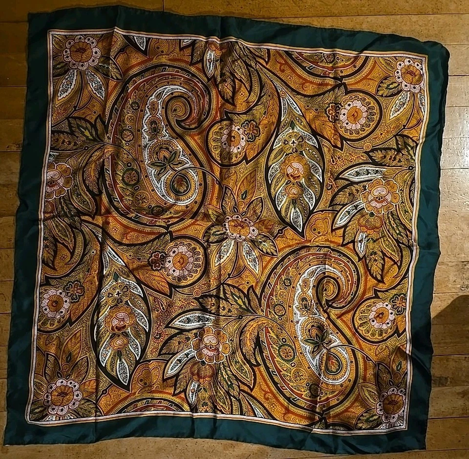 Vintage ECHO Pure Silk Scarf Paisley Greens Gold & Green Trim Hand Rolled Japan - Image 2 of 4
