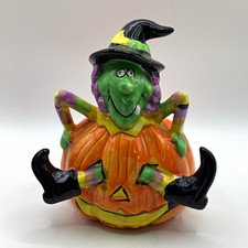 Halloween Witch Sitting on Pumpkin Figurine, Multicolor Freestanding Decor
