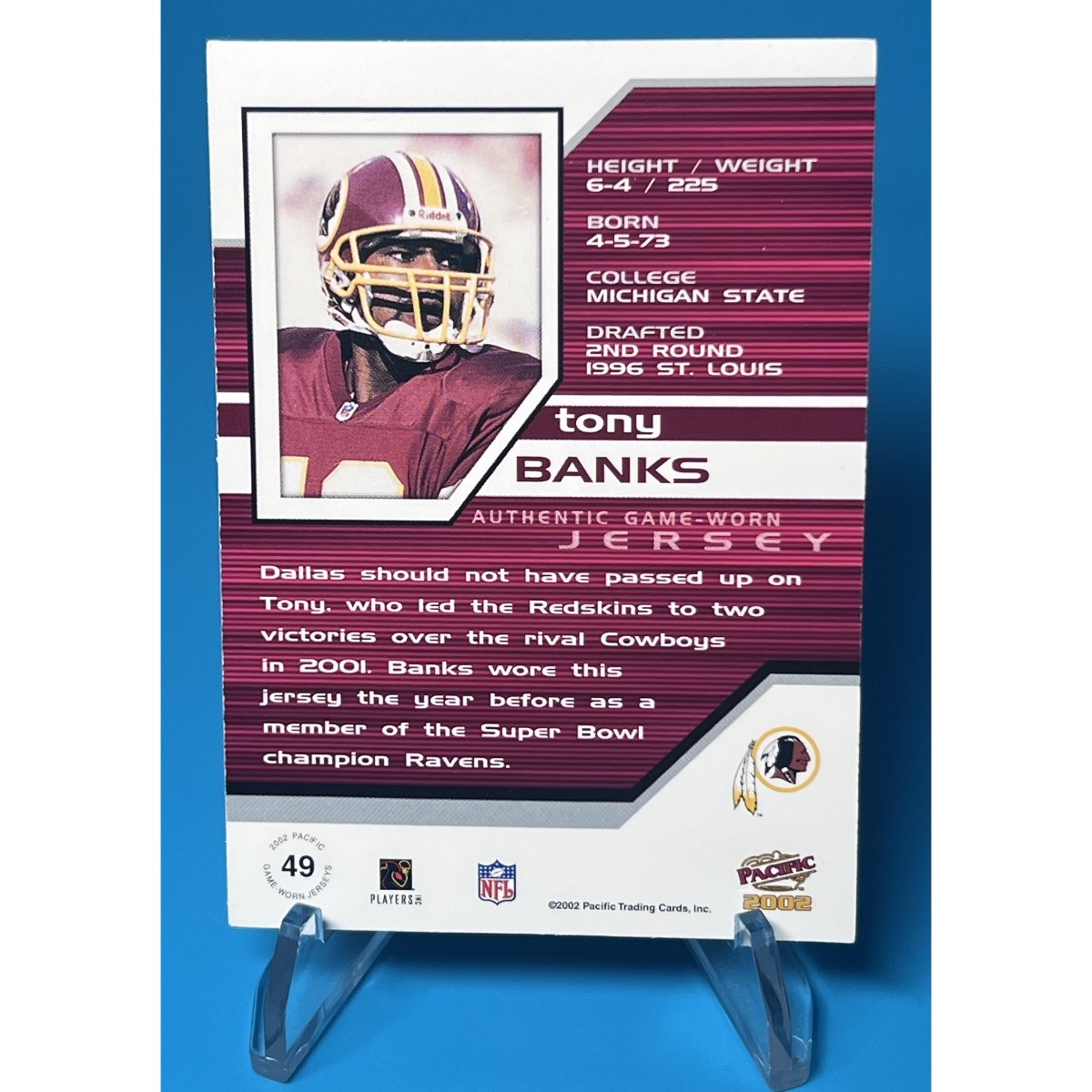 2002 Pacific Tony Banks GAME USED Jersey Card Ravens Redskins #49 Nm view 2