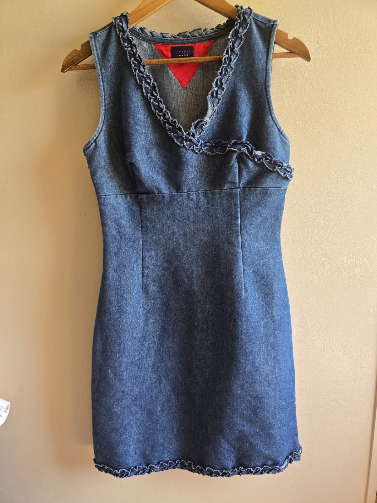 Tommy Jeans Blue Denim Ruffle Mini Dress for Women Size Medium Sleeveless