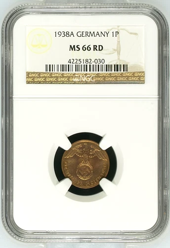 NGC MS66 RD 1 Pfennig 1938 A SWASTIKA Germany Third Reich Coin WW2 None higher