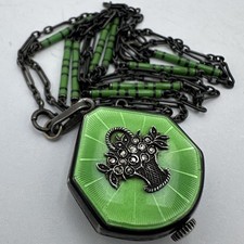 ANTIQUE ART DECO STERLING SILVER GREEN GUILLOCHE ENAMEL PENDANT WATCH NECKLACE