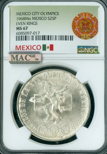 1968 MEXICO SILVER 25 PESO NGC MS67 PQ MAC SPOTLESS FLAG LABEL *