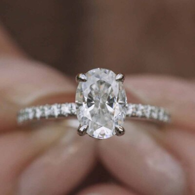 2Ctw Oval Cut DVVS1 Moissanite Hidden Halo Engagement Ring 14k White Gold Plated