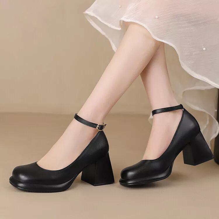Womens Chunky Block Heels Ankle Strap Shoes Office Work Pumps Date