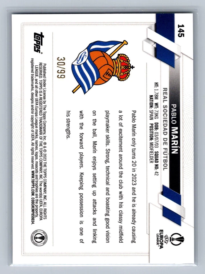 Pablo Marín 2022-23 Topps UEFA Club Icy Blue Foil SN,RC #/99 - Image 2 of 2