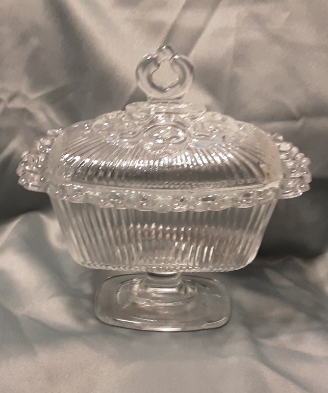 Vintage Indiana Glass Lace Edge Clear Footed Pedestal Candy Dish with Lid