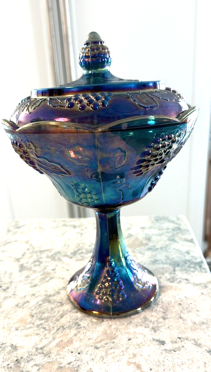 ヴィンテージ ブルー カーニバル ガラス Vintage Blue Carnival Glass Candy Dish With Lid Harvest Grape