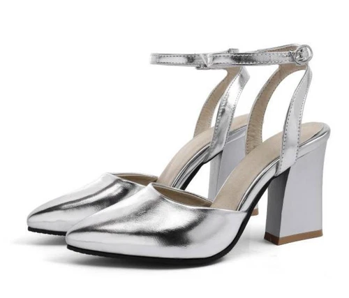 Scarpe casual donna sandali eleganti a punta cinturino alla caviglia tacco a blocco ecopelle - Foto 10 di 12