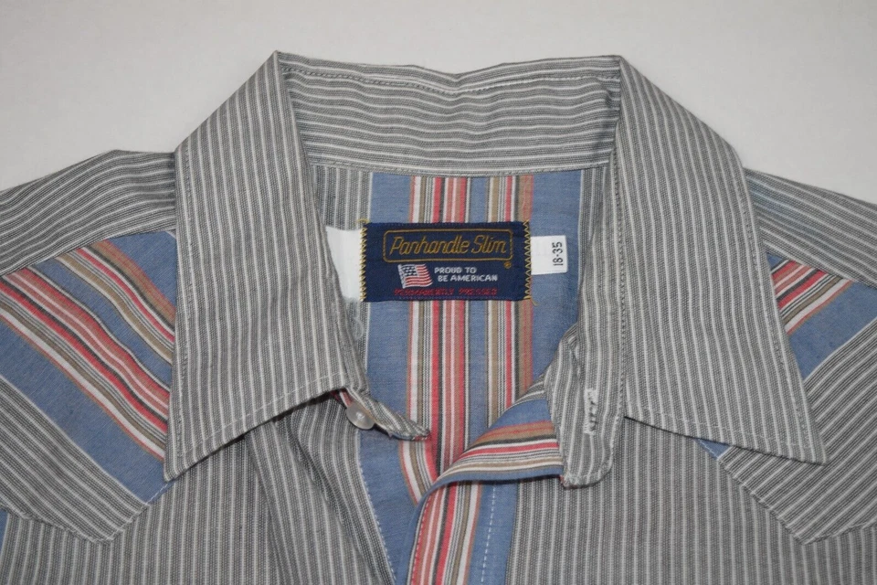 Camisa Western Vintage Mango Delgada Talla XL/2XL Años 70 Rayas de Riel Azul Magenta Foto 2 de 4