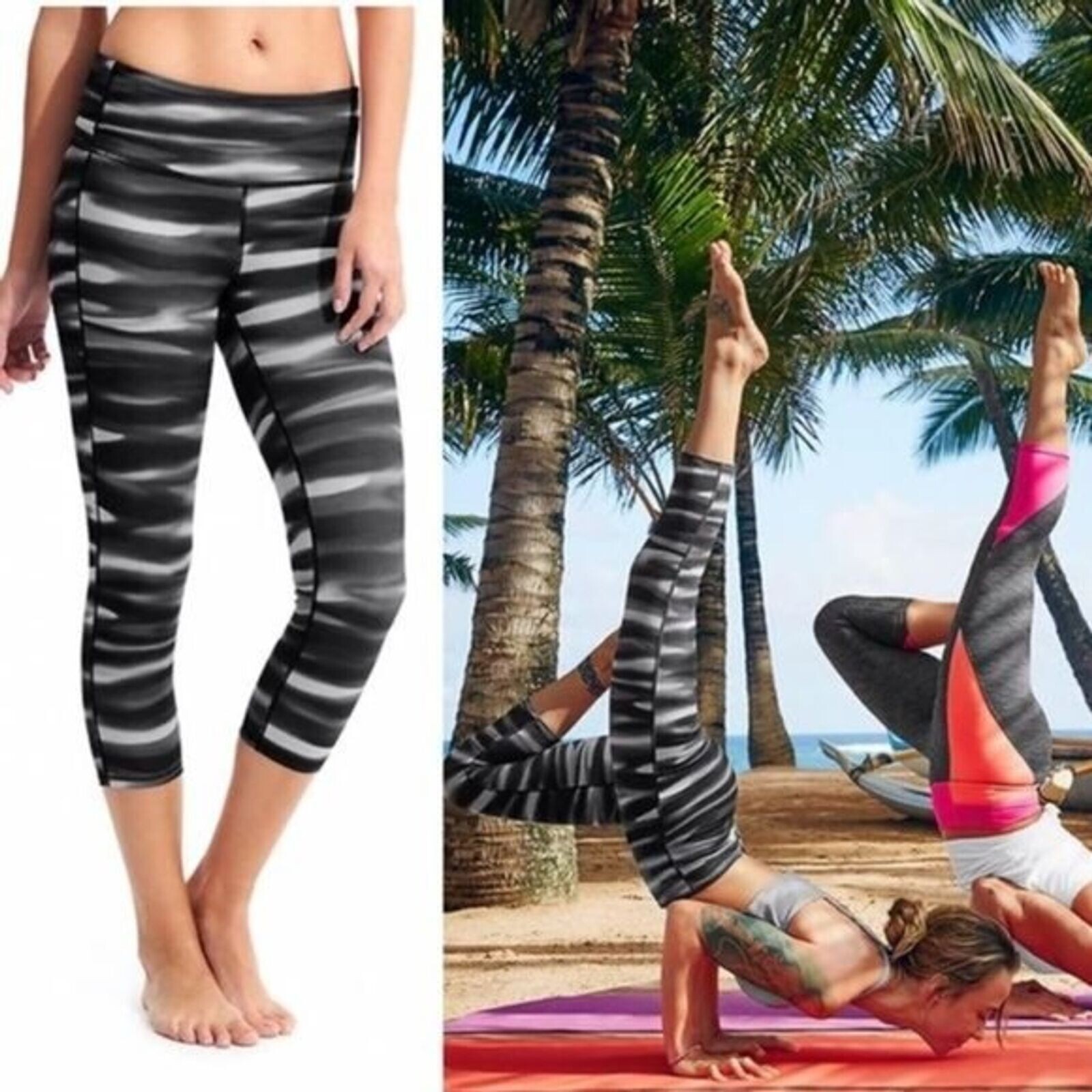Athleta Chaturanga Capri Leggings Small Black White Striped High Rise H2O