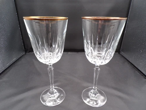 2 Vintage Leaded Crystal Wine Glass Goblet Sun Burst Cut Gold Trim 11oz 8.25"D25