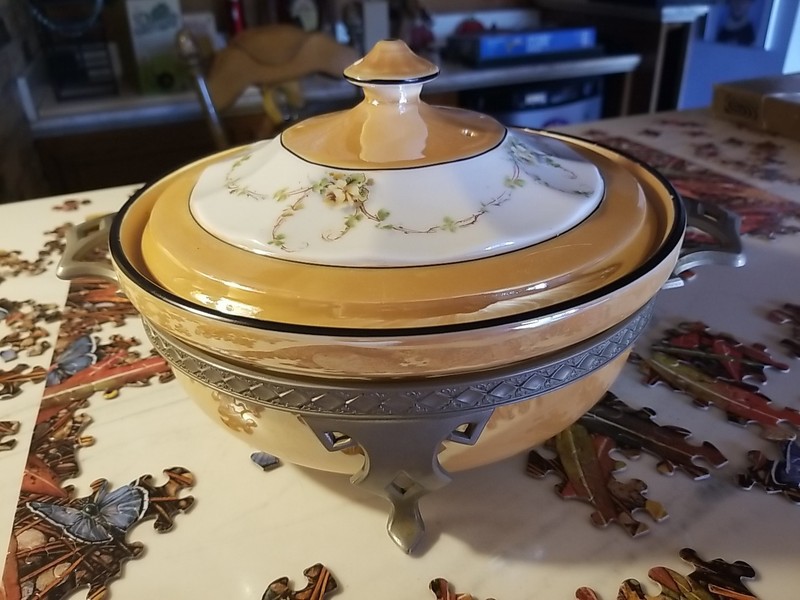Antique Fraunfelter Orange Luster Porcelain Casserole Metal Frame 3 Pedestal Fee