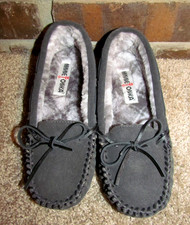 Minnetonka Gray Leather Faux Fur Lined Slip Flats Shoes Women's Sz 6
