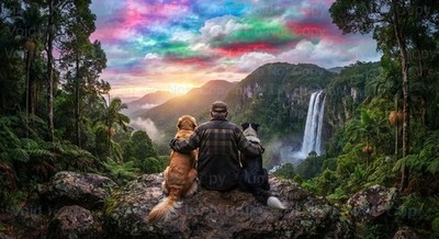 Surreal Rainbow Sunset Waterfall, Man & Two Dogs   High-Res Digital Art Print