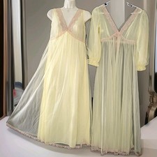 Vintage Miss Siren Double Chiffon Lace Lingerie Nightgown Peignoir Robe Set M