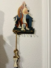 Vintage Wooden Dog Leash Holder Wall Hook Painted Hound Cottage Core Country