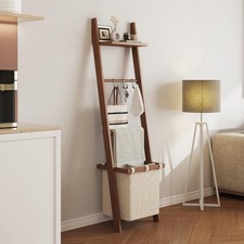 63" Bamboo Blanket Ladder with Shelf, Fabric Storage Basket and 5 Hooks, 4 Ti...