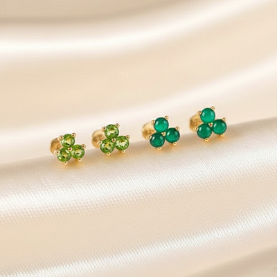 Green Chrysoprase/Peridot Trio Gemstone Piercing Stud Earring In 14k Yellow Gold