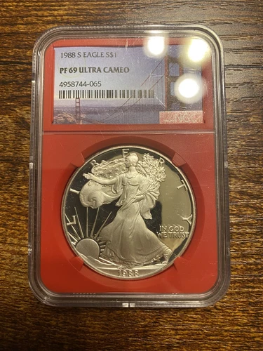 1988 S Silver Eagle Proof 69 Ultra Cameo Golden Gate Bridge Label NGC
