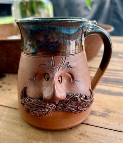 Vtg Clement 70s Ugly Funny Face Mustache Folk Art Handmade Stoneware Mug Coffee