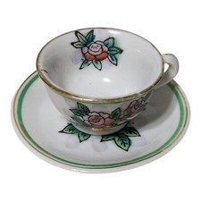 Japanese Porcelain Doll's Teacup  Saucer, Vintage W/ Flowers. Gold  Green Rim