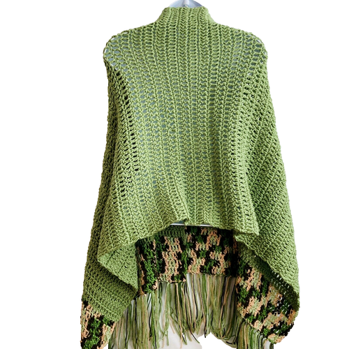 Handmade Crocheted Green Wrap Blanket  Shawl Fringe 22" Wide 60" Long BOHO Cozy - Picture 4 of 8