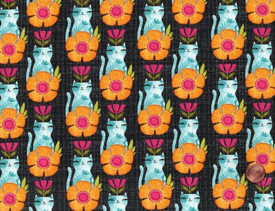 HERE KITTY KITTY - Blue Peach Pink w Cats Allover, Cori Dantini, 1 Yard Cuts