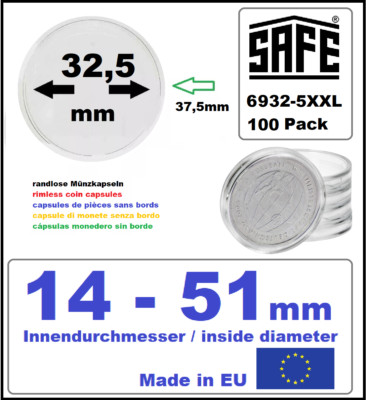 100-SAFE-6932-5-XXL-Münzkapseln-32,5-mm-randlos-Münzenkapseln-Für-dt. 10-20 Euro