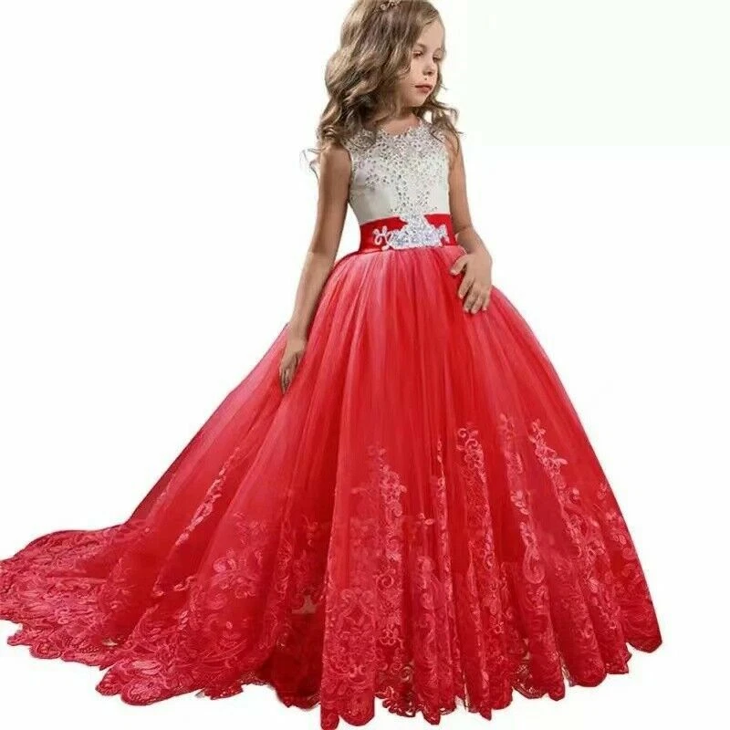 Girl Kid Flower Dresses Princess Party Wedding Bridesmaid Formal Gown Long Dress - Image 3 of 4