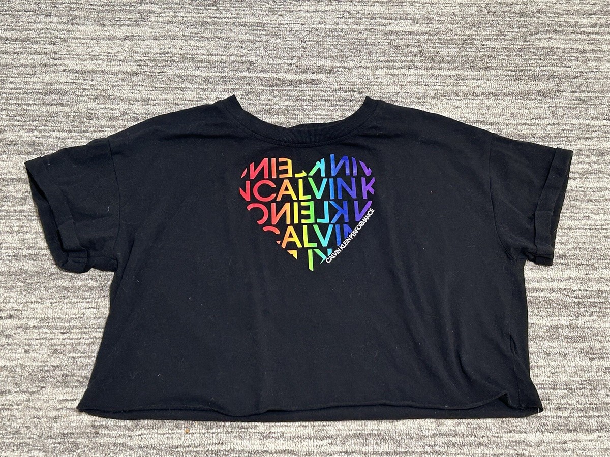Calvin Klein Performance Cropped Top Shirt Women’s Large Black Heart Rainbow