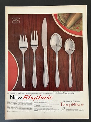 1957 Holmes & Edwards Deep Silver New Rhythmic Design Color Vintage Print Ad