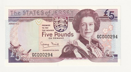 1993 Jersey £5 Five Pound Low Serial Banknote - P 21 Baird - UNC - # 33425 - 第 1/2 張圖片