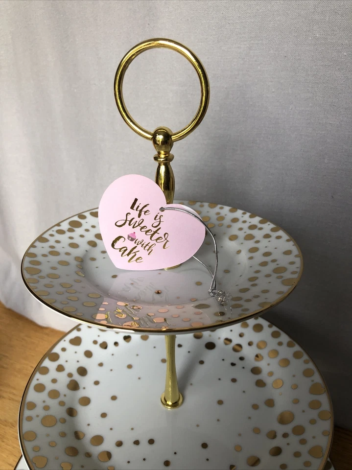 10 Strawberry Street Ceramic 3 Tiered Dessert Tower- White/Gold NWT - Hearts Dot - Image 4 of 4
