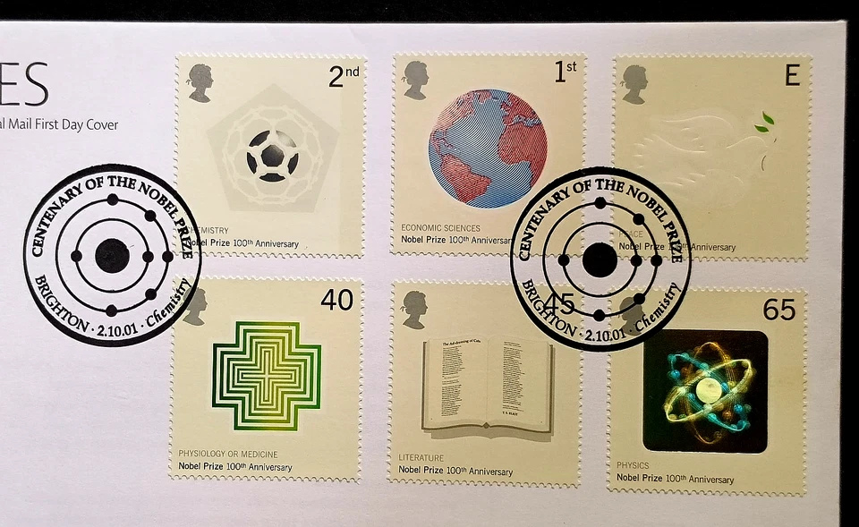 Great Britain UK "NOBEL PRIZES" 4 FDC with Unique Stamps & Special Postmark 2001 - Image 4 of 4