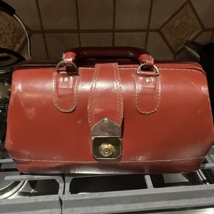 Red Leather Doctor Bag with Brass Hardware Antique Vintage Style