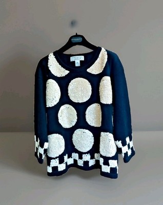 ''Fenn Wright Manson'' Black Cotton Ivory Seuquin Fancy Sweater sz M Long Sleeve 