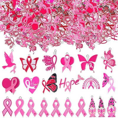 Tudomro 200 Pcs Breast Cancer Awareness Charms Bulk for Small, Pink, Silver