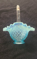 Vintage FENTON Blue Opalescent Hobnail Ruffled Edge Glass Basket 8" tall