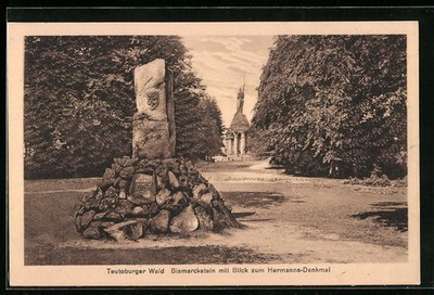 Detmold, Bismarckstein mit Blick zum Hermanns-Denkmal, Ansichtskarte 