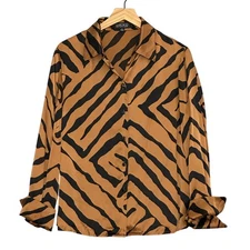 Kasper Womens Top 14 Brown Black Tiger Animal Silk Satin Button  Classic Office