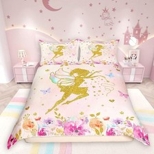 Girls Colorful Flowers Bedding Set,Magical Girl Duvet Cover for Teens,Gold Bu...