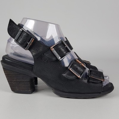Women's John Fluevog Vintage Black Leather Strappy  Buckle Sling Back  Heel 