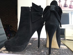 black faux suede platform heeled boots